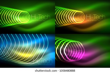 Collection of abstract backgrounds, glowing outline repeating hexagons. Digital techno futuristic shiny effects, energy concept backgrounds