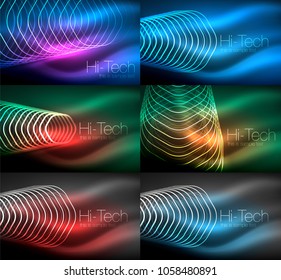 Collection of abstract backgrounds, glowing outline repeating hexagons. Digital techno futuristic shiny effects, energy concept backgrounds