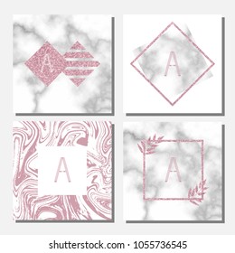 Collection of abstract backgrounds with marble textured, pink foil and liquid pattern. Vector illustration.