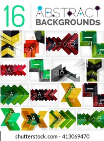 Colección de fondos abstractos - repetición de formas geométricas, flechas, patrón con texto de infografía de opciones. Plantilla universal geométrica colorida, diseño de pancartas inusual brillante, texto