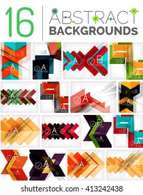 Collection of abstract backgrounds - repetition of geometric shapes, arrows, pattern with option infographics text. Colorful geometric universal template, bright unusual banner design, text