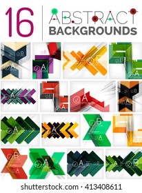 Colección de fondos abstractos - repetición de formas geométricas, flechas, patrón con texto de infografía de opciones. Plantilla universal geométrica colorida, diseño de pancartas inusual brillante, texto