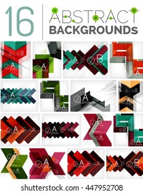 Collection of abstract backgrounds - repetition of geometric shapes, arrows, pattern with option infographics text. Colorful geometric universal template, bright unusual banner design, text