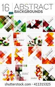Collection of abstract backgrounds - repetition of multicolored transparent squares and swirl lines, geometric pattern set. Colorful geometric universal templates, bright unusual banner designs, text