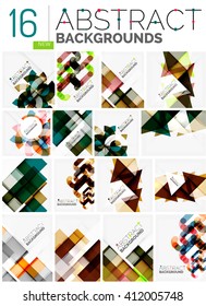 Collection of abstract backgrounds - repetition of multicolored transparent squares and swirl lines, geometric pattern set. Colorful geometric universal templates, bright unusual banner designs, text
