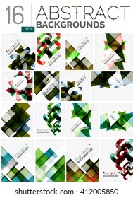 Colección de fondos abstractos - repetición de cuadrados transparentes multicolores y líneas de giro, conjunto de patrones geométricos. Plantillas universales geométricas coloridas, diseños inusuales de banners brillantes, texto