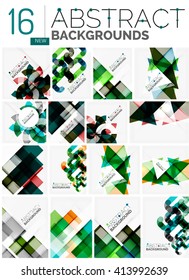 Kollektion abstrakter Hintergründe - Wiederholung mehrfarbiger transparenter Quadrate und wirbelloser Linien, geometrischer Mustersatz. Farbige geometrische, universelle Vorlagen, helle ungewöhnliche Banner-Designs, Text