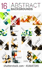 Collection of abstract backgrounds - repetition of multicolored transparent squares and swirl lines, geometric pattern set. Colorful geometric universal templates, bright unusual banner designs, text