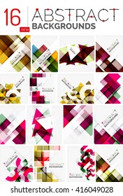 Colección de fondos abstractos - repetición de cuadrados transparentes multicolores y líneas de giro, conjunto de patrones geométricos. Plantillas universales geométricas coloridas, diseños inusuales de banners brillantes, texto