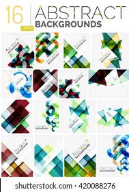 Colección de fondos abstractos - repetición de cuadrados transparentes multicolores y líneas de giro, conjunto de patrones geométricos. Plantillas universales geométricas coloridas, diseños inusuales de banners brillantes, texto