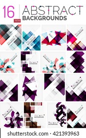 Collection of abstract backgrounds - repetition of multicolored transparent squares and swirl lines, geometric pattern set. Colorful geometric universal templates, bright unusual banner designs, text
