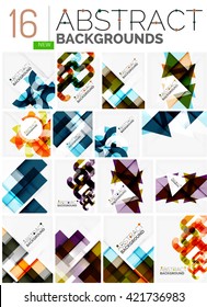 Colección de fondos abstractos - repetición de cuadrados transparentes multicolores y líneas de giro, conjunto de patrones geométricos. Plantillas universales geométricas coloridas, diseños inusuales de banners brillantes, texto