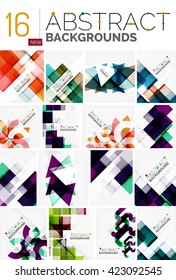 Collection of abstract backgrounds - repetition of multicolored transparent squares and swirl lines, geometric pattern set. Colorful geometric universal templates, bright unusual banner designs, text