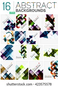 Collection of abstract backgrounds - repetition of multicolored transparent squares and swirl lines, geometric pattern set. Colorful geometric universal templates, bright unusual banner designs, text