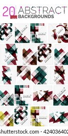 Collection of abstract backgrounds - repetition of multicolored transparent squares and swirl lines, geometric pattern set. 