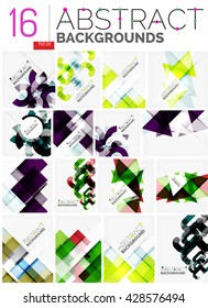 Kollektion abstrakter Hintergründe - Wiederholung mehrfarbiger transparenter Quadrate und wirbelloser Linien, geometrischer Mustersatz. Farbige geometrische, universelle Vorlagen, helle ungewöhnliche Banner-Designs, Text