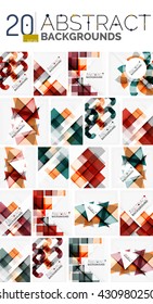 Collection of abstract backgrounds - repetition of multicolored transparent squares and swirl lines, geometric pattern set. Colorful geometric universal templates, bright unusual banner designs, text