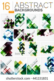 Colección de fondos abstractos - repetición de cuadrados transparentes multicolores y líneas de giro, conjunto de patrones geométricos. Plantillas universales geométricas coloridas, diseños inusuales de banners brillantes, texto