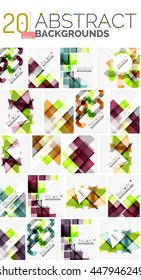 Collection of abstract backgrounds - repetition of multicolored transparent squares and swirl lines, geometric pattern set. Colorful geometric universal templates, bright unusual banner designs, text