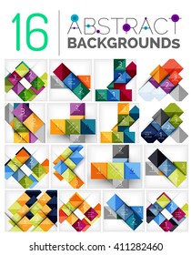 Collection of abstract backgrounds - repetition of square shapes pattern with option infographics text. Colorful geometric universal template, bright unusual banner design, text presentation backdrop