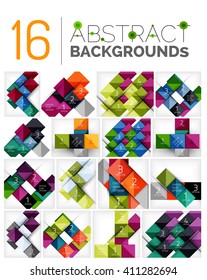 Collection of abstract backgrounds - repetition of square shapes pattern with option infographics text. Colorful geometric universal template, bright unusual banner design, text presentation backdrop