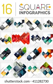 Collection of abstract backgrounds - repetition of square shapes pattern with option infographics text. Colorful geometric universal template, bright unusual banner design, text presentation backdrop