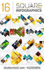 Collection of abstract backgrounds - repetition of square shapes pattern with option infographics text. Colorful geometric universal template, bright unusual banner design, text presentation backdrop