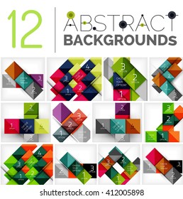 Collection of abstract backgrounds - repetition of square shapes pattern with option infographics text. Colorful geometric universal template, bright unusual banner design, text presentation backdrop