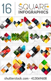Collection of abstract backgrounds - repetition of square shapes pattern with option infographics text. Colorful geometric universal template, bright unusual banner design, text presentation backdrop