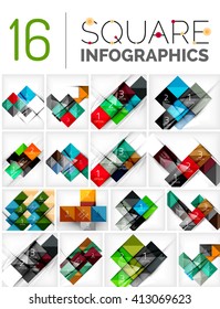 Coleção de planos de fundo abstratos - repetição de padrões de formas quadradas com texto de infográficos de opção. Modelo geométrico universal colorido, design de banner incomum brilhante, fundo de apresentação de texto