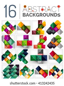 Colección de fondos abstractos - repetición de un patrón de formas cuadradas con texto de infografía de opciones. Plantilla universal geométrica colorida, diseño de pancartas inusual brillante, fondo de presentación de texto