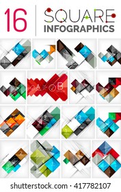 Collection of abstract backgrounds - repetition of square shapes pattern with option infographics text. Colorful geometric universal template, bright unusual banner design, text presentation backdrop