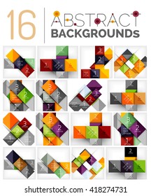 Collection of abstract backgrounds - repetition of square shapes pattern with option infographics text. Colorful geometric universal template, bright unusual banner design, text presentation backdrop