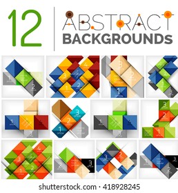 Collection of abstract backgrounds - repetition of square shapes pattern with option infographics text. Colorful geometric universal template, bright unusual banner design, text presentation backdrop