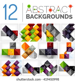 Collection of abstract backgrounds - repetition of square shapes pattern with option infographics text. Colorful geometric universal template, bright unusual banner design, text presentation backdrop
