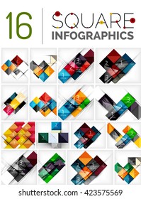 Colección de fondos abstractos - repetición de un patrón de formas cuadradas con texto de infografía de opciones. Plantilla universal geométrica colorida, diseño de pancartas inusual brillante, fondo de presentación de texto