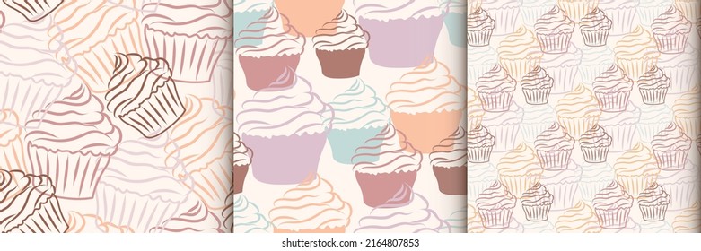 Collection of abstract backgrounds. Seamless pattern for printing on wrapping paper, fabric, background. Hand drawn cupcake with cream. Vector seamless pattern with pastries.