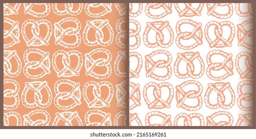 Collection of abstract backgrounds. Seamless pattern for printing on wrapping paper, fabric, background. Hand drawn pretzel in white and brown colors. Vector seamless pattern with pastries. 