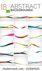 Sammlung abstrakter Hintergründe - Wellenlinien und wirbelnde Linien, geometrisches Bewegungsmuster. Allgemeine Geschäfts- und Technologievorlagen, helle ungewöhnliche Bannerdesigns, Hintergrund für Textpräsentationen