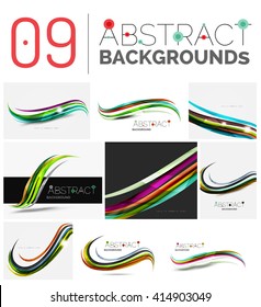 Colección de fondos abstractos - líneas de onda y de giro, patrón de movimiento de flujo geométrico. Plantillas universales de negocios y tecnología, diseños de banners inusuales brillantes, fondo de presentación de texto