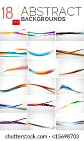 Collection of abstract backgrounds - wave and swirl lines, geometric flowing motion pattern. Business and technology universal templates, bright unusual banner designs, text presentation backdrops