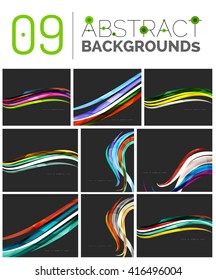 Colección de fondos abstractos - líneas de onda y de giro, patrón de movimiento de flujo geométrico. Plantillas universales de negocios y tecnología, diseños de banners inusuales brillantes, fondo de presentación de texto