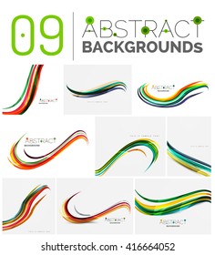 Colección de fondos abstractos - líneas de onda y de giro, patrón de movimiento de flujo geométrico. Plantillas universales de negocios y tecnología, diseños de banners inusuales brillantes, fondo de presentación de texto