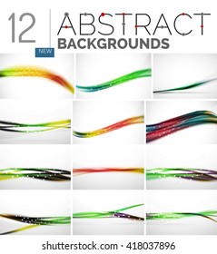 Colección de fondos abstractos - líneas de onda y de giro, patrón de movimiento de flujo geométrico. Plantillas universales de negocios y tecnología, diseños de banners inusuales brillantes, fondo de presentación de texto
