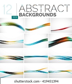 Collection of abstract backgrounds - wave and swirl lines, geometric flowing motion pattern. Business and technology universal templates, bright unusual banner designs, text presentation backdrops