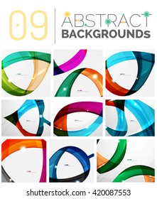 Collection of abstract backgrounds - wave and swirl lines, geometric flowing motion pattern. Business and technology universal templates, bright unusual banner designs, text presentation backdrops