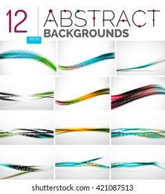 Coleção de planos de fundo abstratos - ondas e redemoinho, padrão de movimento de fluxo geométrico. Modelos universais de negócios e tecnologia, designs de banner brilhantes e incomuns, cenários de apresentação de texto