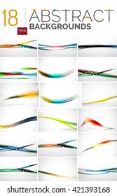 Collection of abstract backgrounds - wave and swirl lines, geometric flowing motion pattern. Business and technology universal templates, bright unusual banner designs, text presentation backdrops