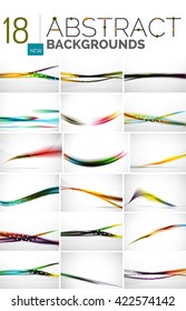 Collection of abstract backgrounds - wave and swirl lines, geometric flowing motion pattern. Business and technology universal templates, bright unusual banner designs, text presentation backdrops