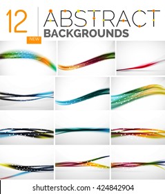 Collection of abstract backgrounds - wave and swirl lines, geometric flowing motion pattern. Business and technology universal templates, bright unusual banner designs, text presentation backdrops